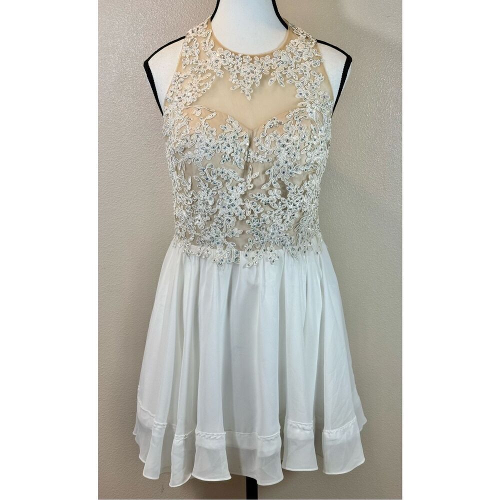 Vintage Dancing Queen USA Applique Lace Nude Bodice Formal Mini Dress Medium